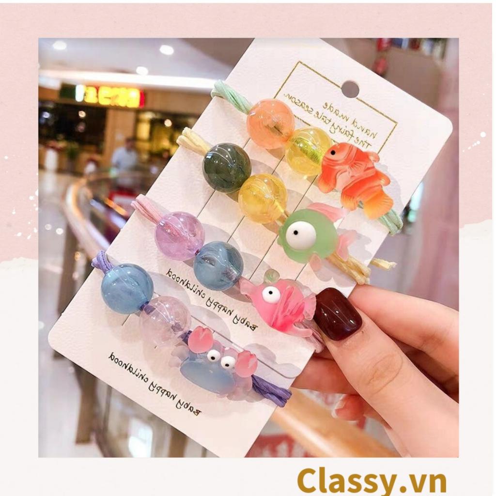 Dây cột tóc Classy đính hạt nhựa nhiều màu dễ thương họa tiết cua, cá trong trong suốt cute PK1634