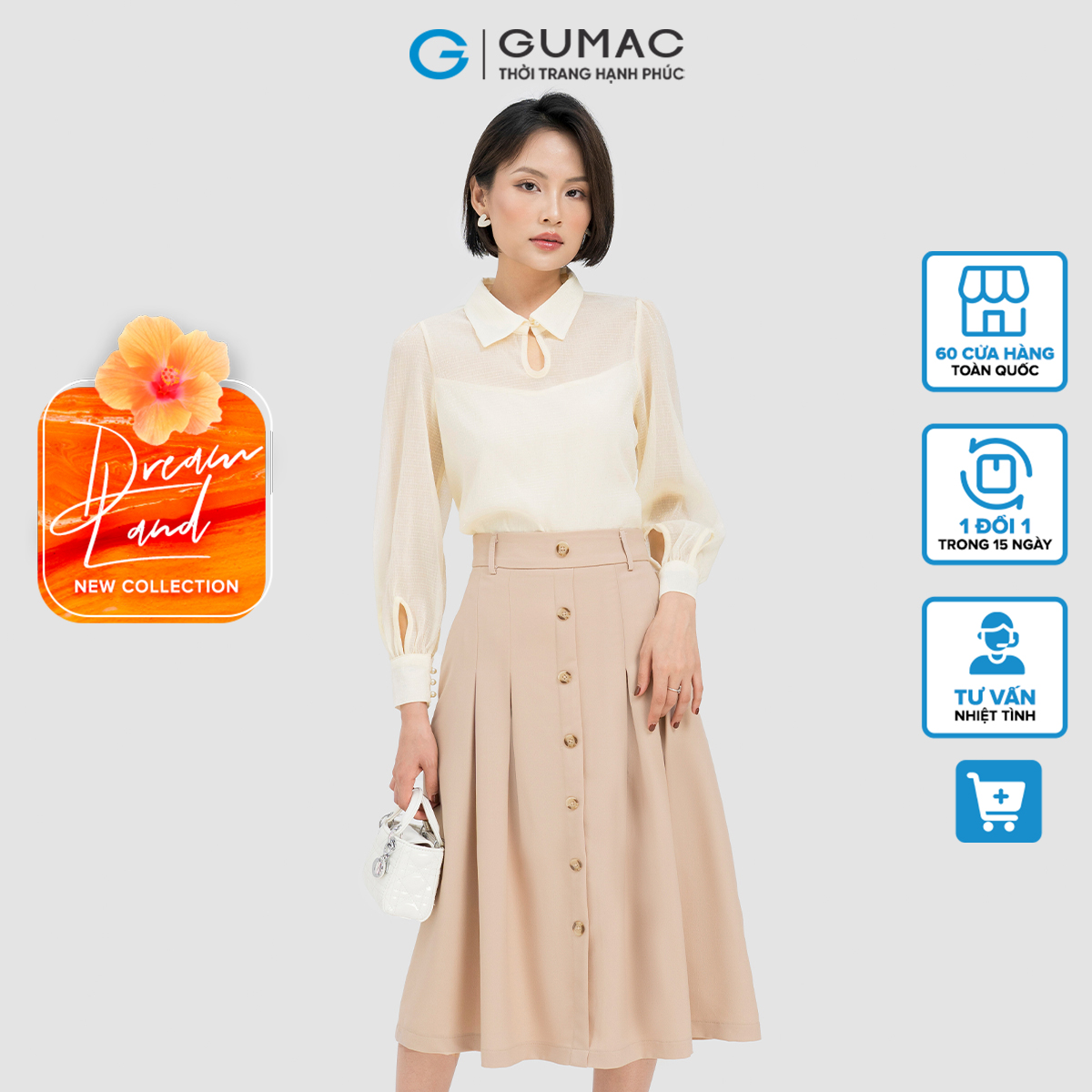 Chân váy A nẹp nút Gumac VD04005