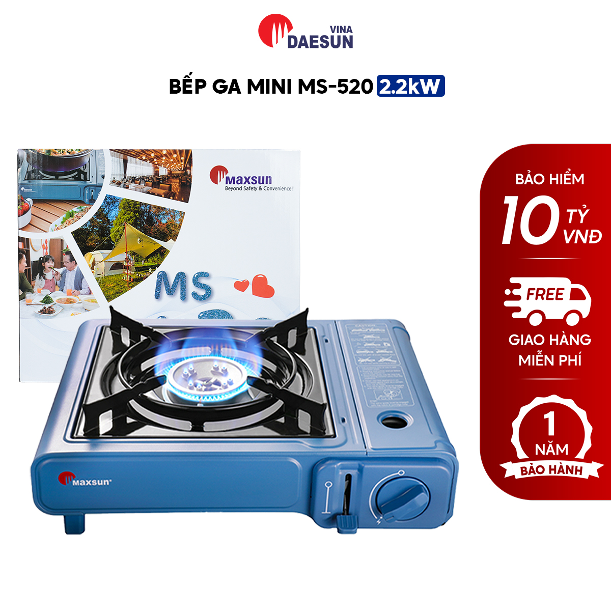 Bếp Ga Mini Maxsun MS-520 - Công Suất 2200W | Phủ Sứ Cao Cấp | Bảo Hiểm Chống Nổ | Hàng Chính Hãng