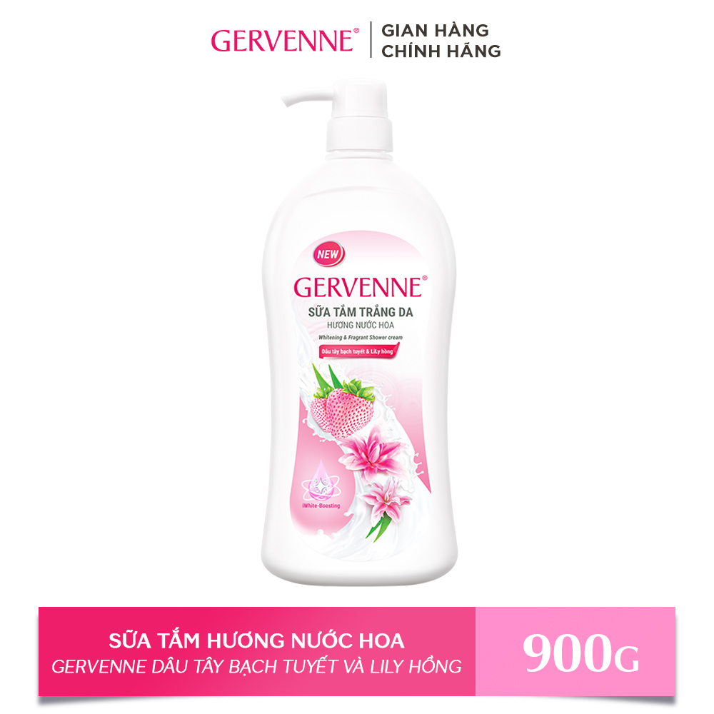 Sữa tắm trắng da hương nước hoa Gervenne Dâu Tây Bạch Tuyết và Lily Hồng (900g/chai)