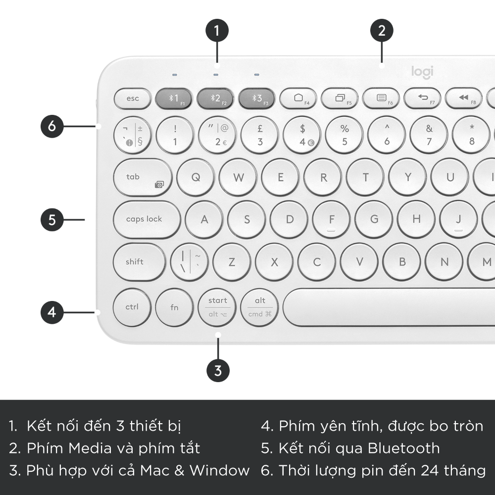 Bàn phím không dây Bluetooth Logitech K380 - Kết nối 3 thiết bị, giảm ồn, gọn nhẹ dễ mang đi, phù hợp Mac/ PC/ Laptop/ Điện thoại - Hàng chính hãng - Màu Trắng