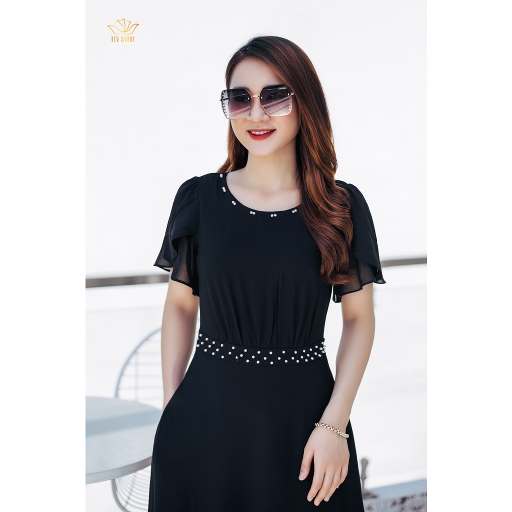 Đầm xòe thiết kế trung niên sang trọng Cổ tròn đính ngọc màu đen TTV STORE TTV1061