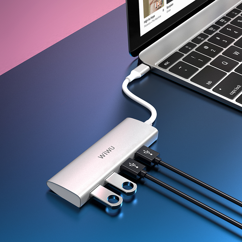 Hub type C chia cổng đa năng 4 in 1 từ Type-C ra 4 USB-A 3.0 hiệu Wiwu Alpha A440 cho Macbook / Laptop trang bị cổng Type C thunderbolt 3 - hàng nhập khẩu