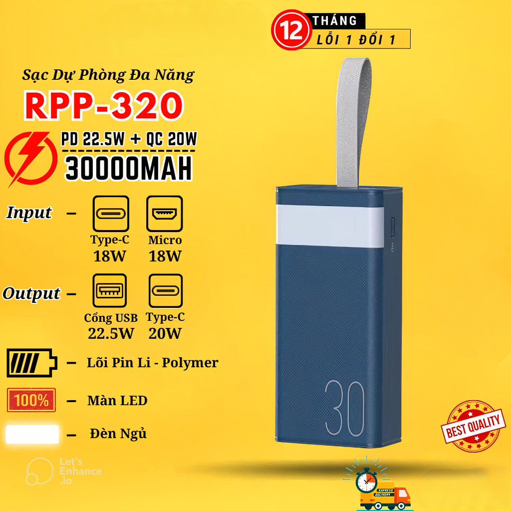 Pin Sạc Dự Phòng Sạc Nhanh Remax RPP-320 Dung Lượng 30000mAh - Hỗ Trợ Sạc Nhanh QC 22.5 và PD 20W - Sạc Nhanh 3 Thiết Bị - Hàng Chính Hãng