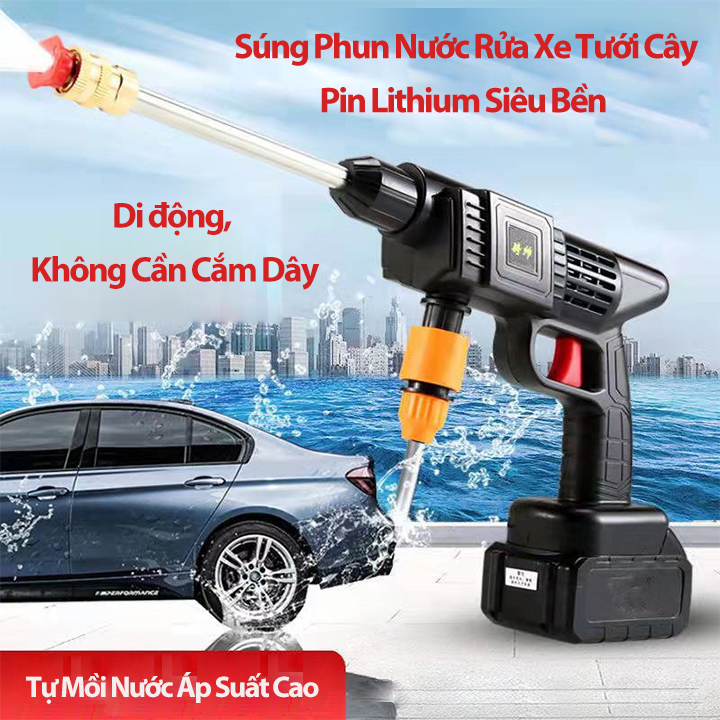 [Kèm Vali Full Phụ Kiện] Vòi Xịt Rửa Xe Áp Lực Cao Dùng PIN SẠC Lithium 199V 45000 mAh Tặng Thêm 1 Pin Dự Phòng Kèm Dây Dài 5m - Máy Rửa Xe Cao Áp Mini Gia Đình Bảo Hành 12 Tháng