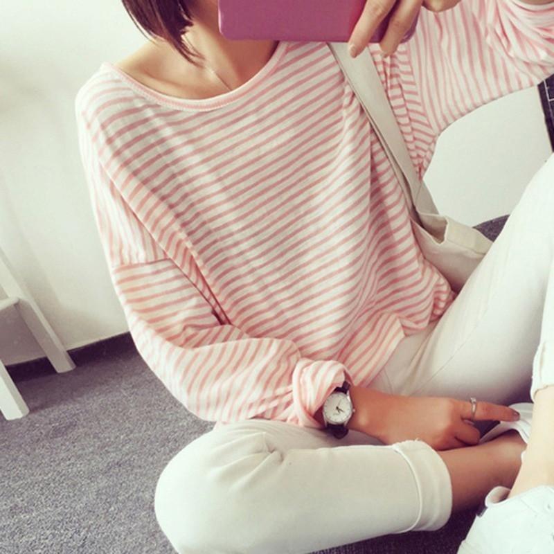 Áo Thun Tay Dài Dáng Rộng Cổ Tròn Hoạ Tiết Kẻ Sọc Cho Phái Nữ