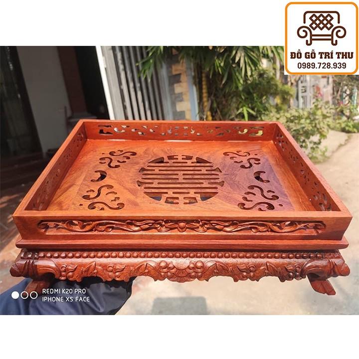 Khay Trà Gỗ Hương Chân Quỳ Đục Song Long Chầu Nguyệt Tứ Diện Cấp Sang Trọng