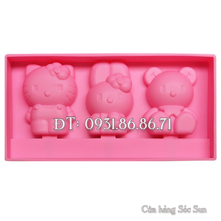 Khuôn silicon 3 con thỏ, mèo Kitty, gấu con – Mã số 1422
