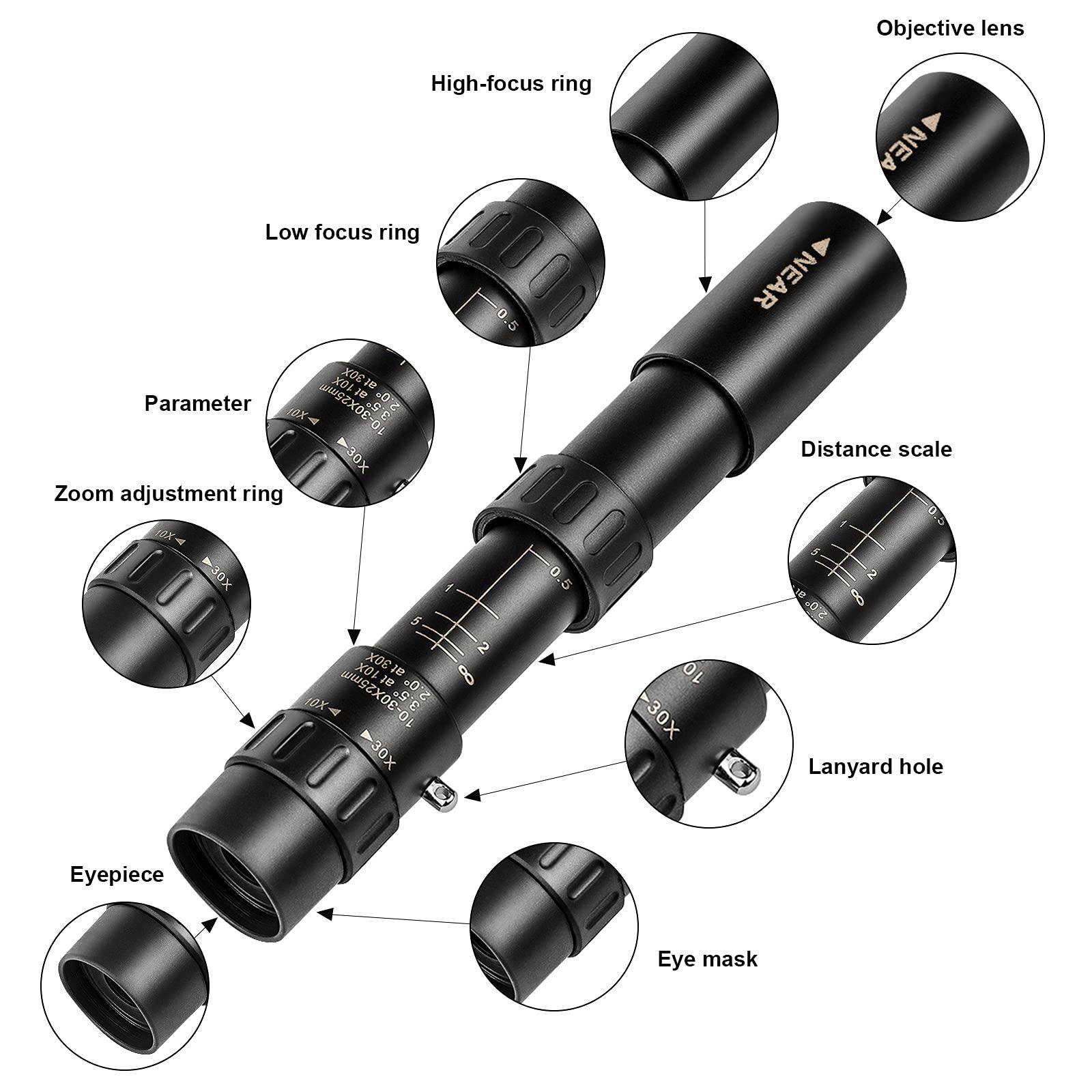 Monoculative monoculative compact zoom 10-300 × 40 Kính viễn vọng kích thước túi nhỏ một mắt để đi bộ/cắm trại/buổi hòa nhạc/chuyến đi