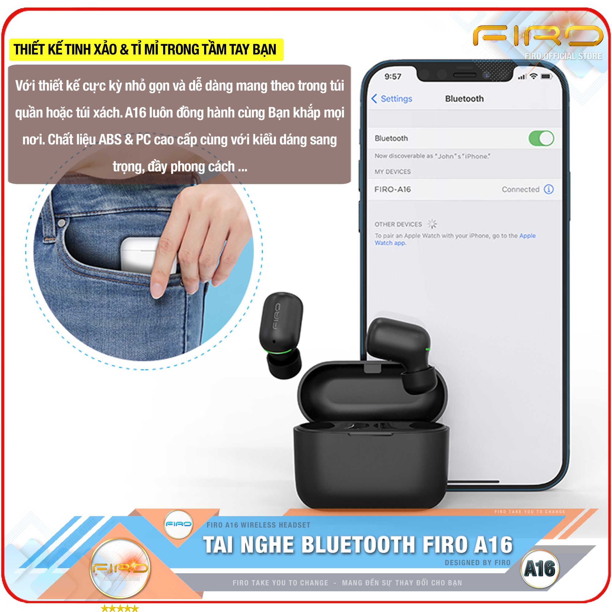 Tai Nghe Bluetooth Nhét Tai Không Dây FIRO A16 -Pin Dock Sạc 380mAh-Thời Gian Sử Dụng 5 Giờ Liên Tục-Điều Khiển Cảm Ứng Thông Minh-Công Nghệ Kháng Nước IPX5-Phù Hợp Với Tất Cả Dòng Máy-Hàng Chính Hãng