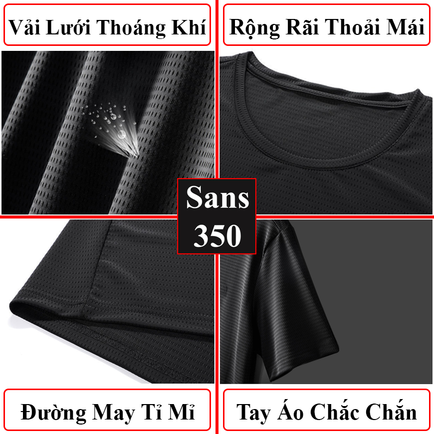 Áo thun nam trơn basic Sans350 vải lưới thoáng khí mát mẻ thể thao lạnh cổ tròn đen trắng xám phông bigsize 3XL 4XL 5XL