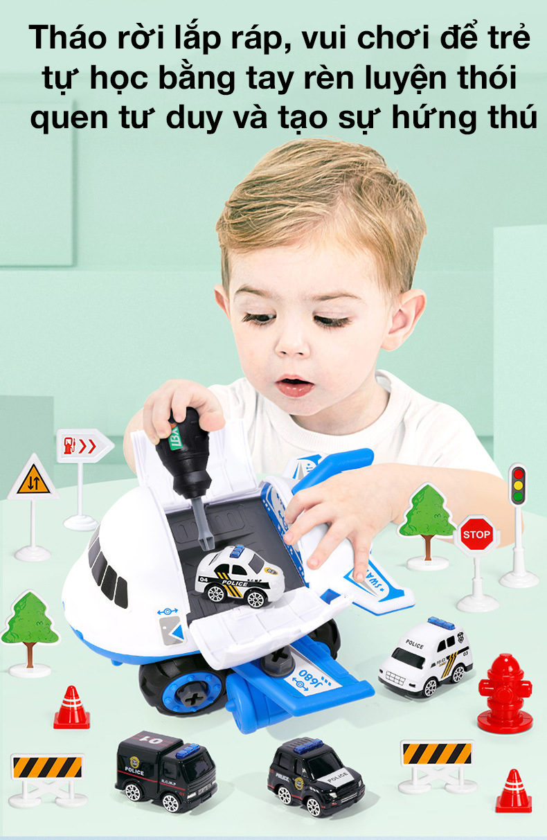 Bộ đồ chơi máy bay kèm 4 xe cảnh sát KAVY có tua vít, biển báo rèn luyện kĩ năng thực hàng sáng tạo cho bé, nhựa nguyên sinh an toàn