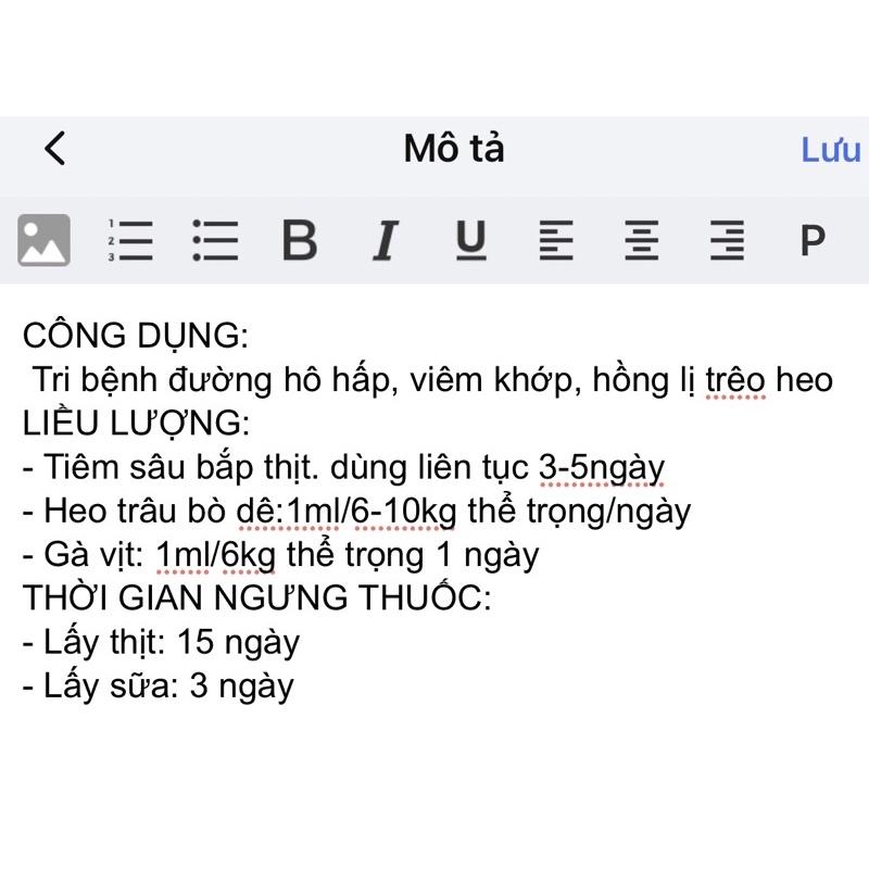 [ THÚ Y ] 1 lọ TIAMULIN 10% trị bệnh hô hấp, viêm khớp, hồng lị trên heo trâu bò dê gà vịt