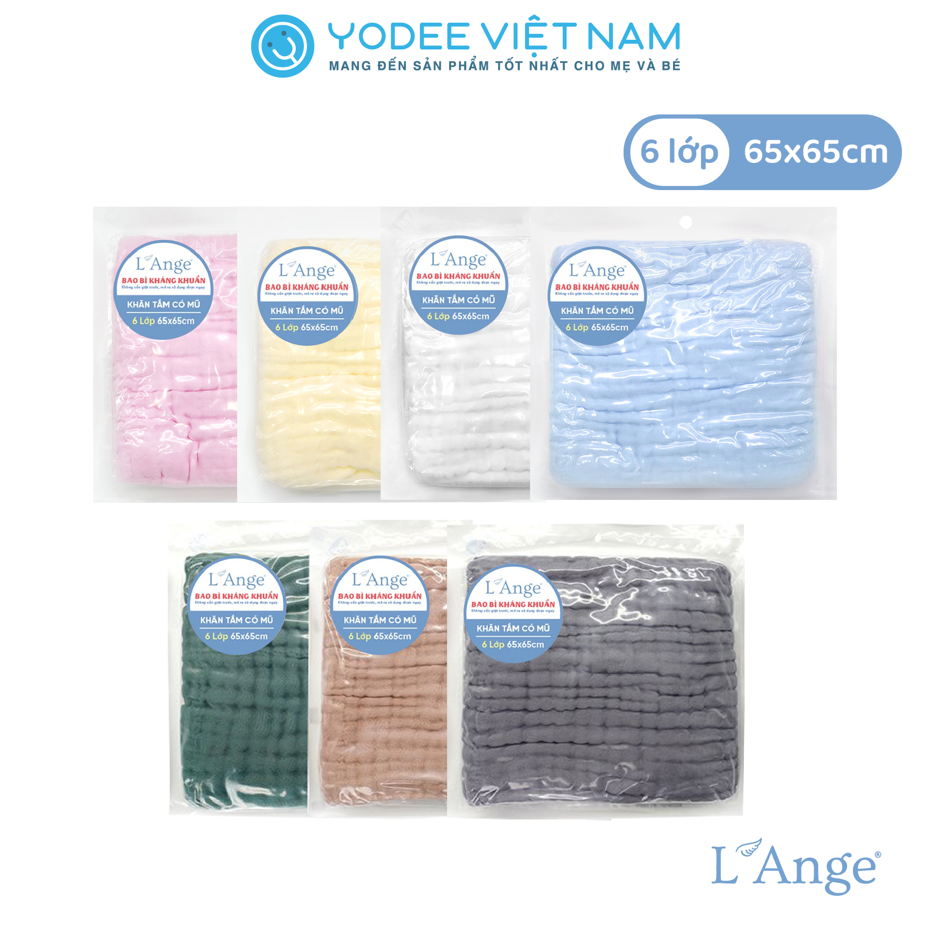 L’Ange Khăn tắm/Khăn quấn có nón vải bông 6 lớp 65x65cm cho bé