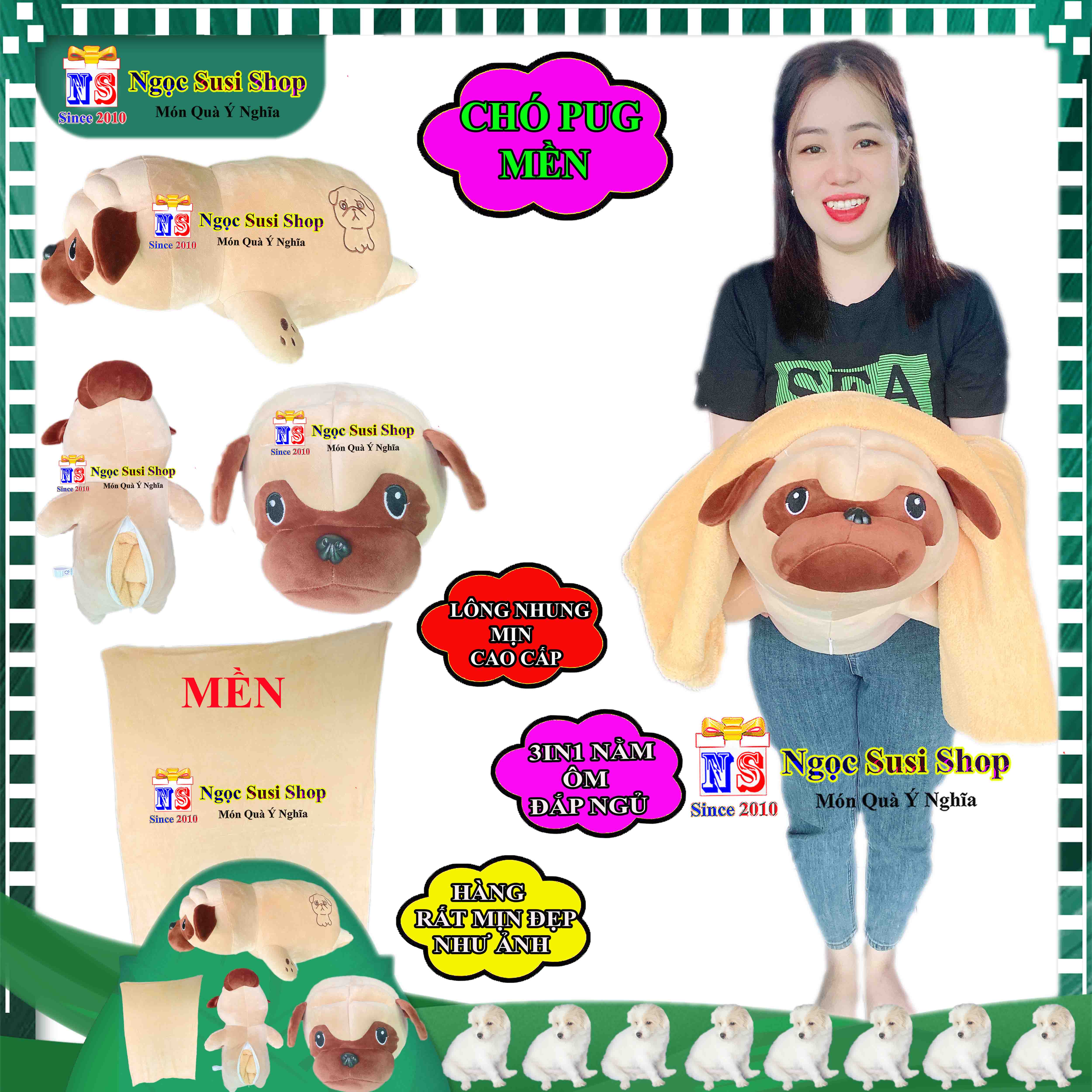 THÚ BÔNG MỀN 3IN1 CON CHÓ PUG NẰM ÔM ĐẮP MỀN NGỦ RẤT ĐẸP - GẤU BÔNG CHÓ PUG MỀN 3IN1