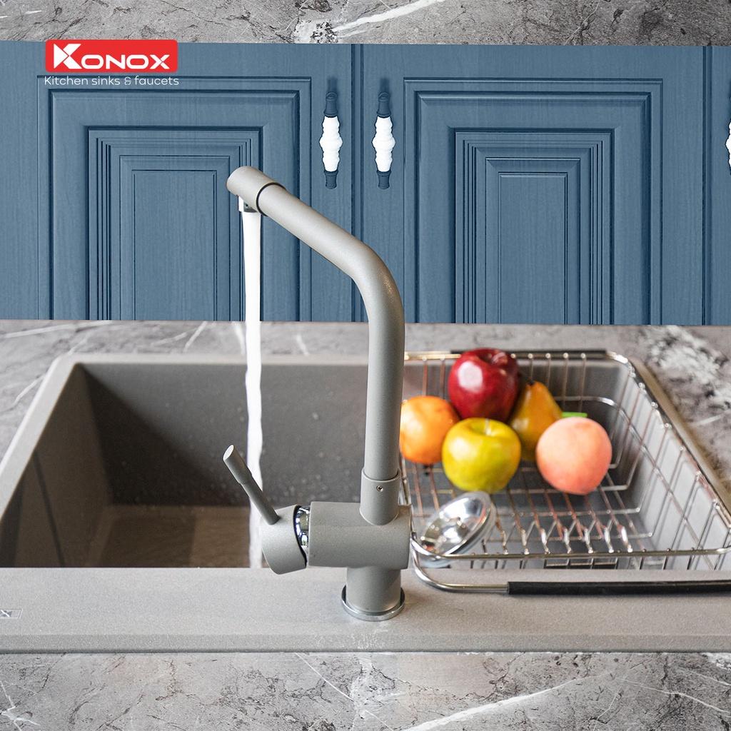 Vòi rửa bát nóng lạnh xoay 360 độ KONOX Felix Grey, bề mặt xử lý mạ PVD Granite, lõi hợp kim đồng 61% tiêu chuẩn Châu Âu CW617N