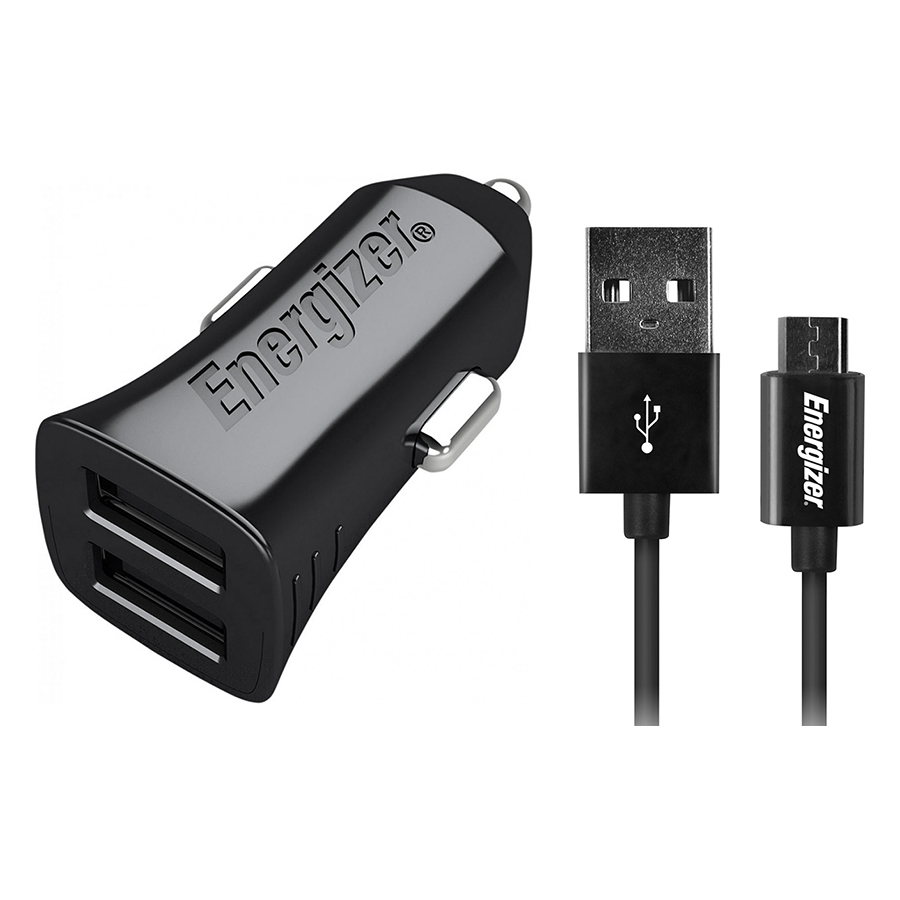 Adapter Sạc Ô Tô Energizer UL 3.4A 2 USB + 1 Cáp Micro USB - DCA2CUMC3 (Đen) - Hàng Chính Hãng