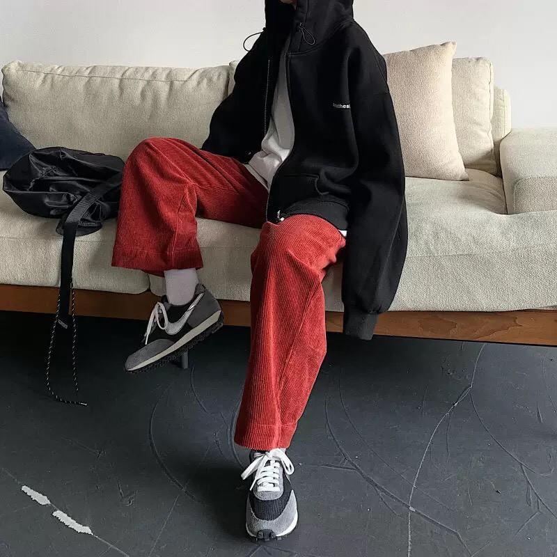 Quần Ống Rộng Baggy Lưng Cao Chất Liệu Kaki Nhung Tăm Unisex Nam Nữ Phong Cách Hàn Quốc Ulzzang