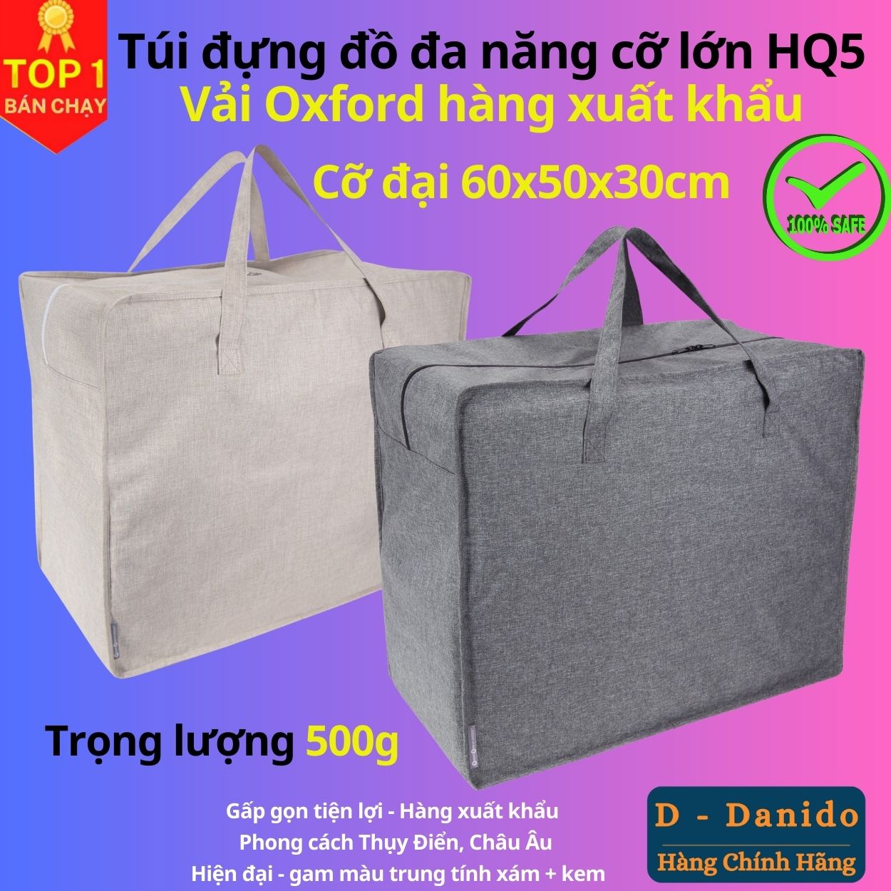 Túi đựng đồ đa năng cỡ lớn HQ5 chất liệu vải Oxford đựng chăn màn quần áo Hàng chính hãng xuất khẩu