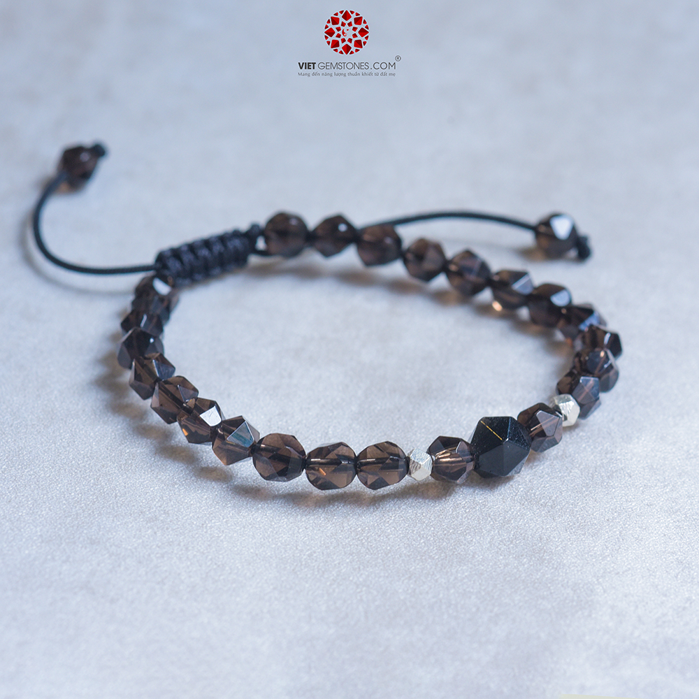 Vòng mala Thạch Anh Khói 6mm mix charm bạc Thái cao cấp hợp thời trang | Hỗ trợ tốt cho mệnh Thủy, Môc | VietGemstones