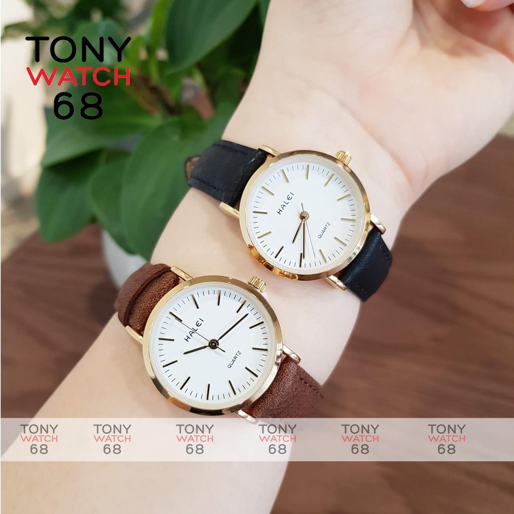 Đồng hồ nam Halei dây đen da mặt số vạch chính hãng Tony Watch 68