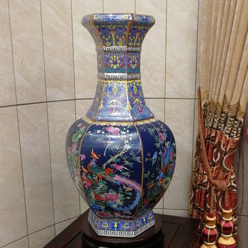 BÌNH HOA LỤC GIÁC CÀN LONG TỨ QUÝ CÁT TƯỜNG MÀU XANH