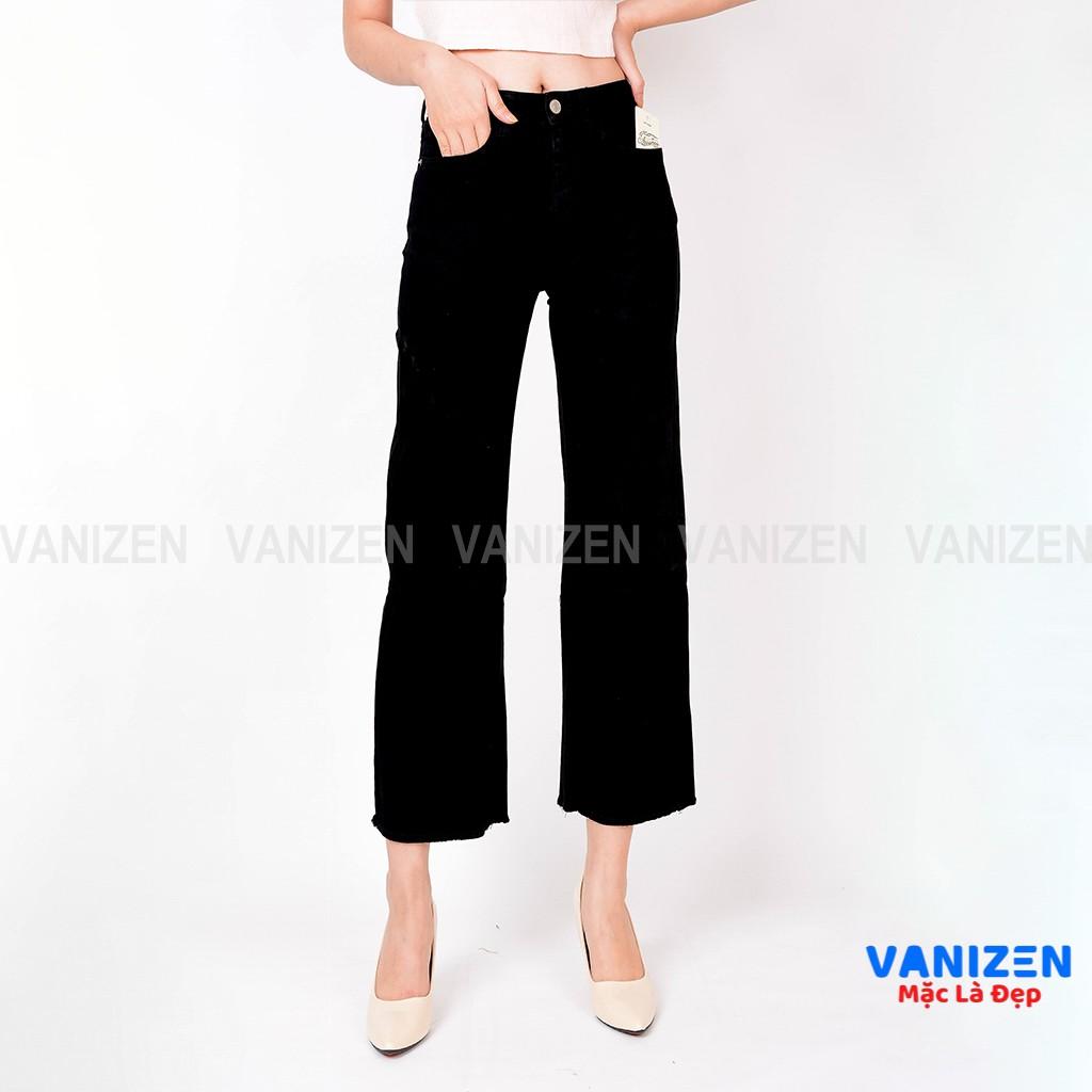 Quần jean nữ ống suông rộng đẹp lưng cao cạp cao đen trơn hàng hiệu cao cấp mã 05.6 VANIZEN