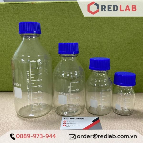Chai thủy tinh nắp vặn xanh 100ml - 250ml - 500ml - 1000ml - 2000ml, chai trung tính có chia vạch ONELAB - 2000ml