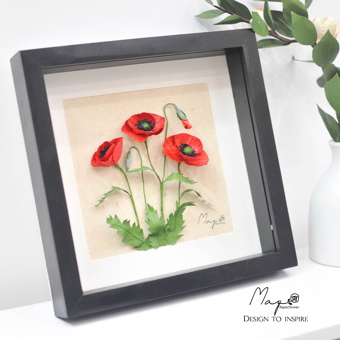 Tranh Hoa Giấy Handmade Trang Trí - Hoa Poppy Kết Hợp Giấy Dó MAYPAPERFLOWER Khung Tranh Gỗ Size 25x25cm