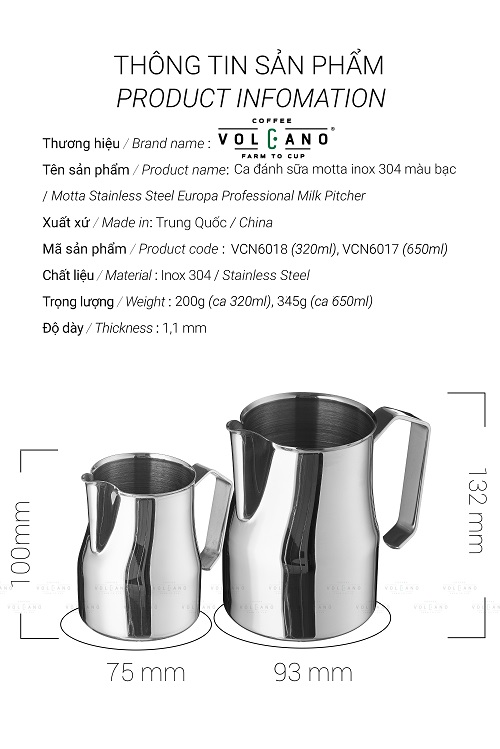 Ca đánh sữa Motta màu bạc Inox 304 mũi tròn