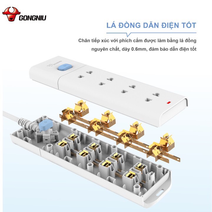 Ổ cắm điện Gongniu 4 ổ 1 công tắc - 2500W 10A - V1040 - hàng Chính Hãng