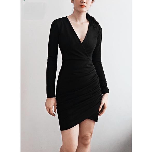 F887 Đầm ôm cổ tim vạt chéo nhúng xéo eo tay dài