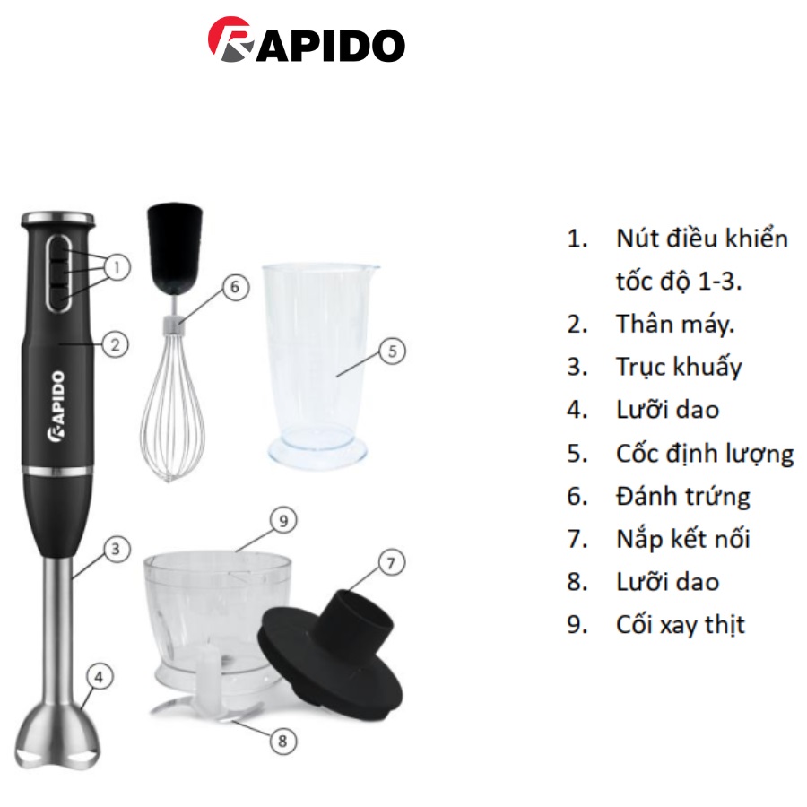Máy xay sinh tố cầm tay, máy đánh trứng, xay thịt đa năng Rapido công suất 600W, BH 1 năm - Hàng chính hãng