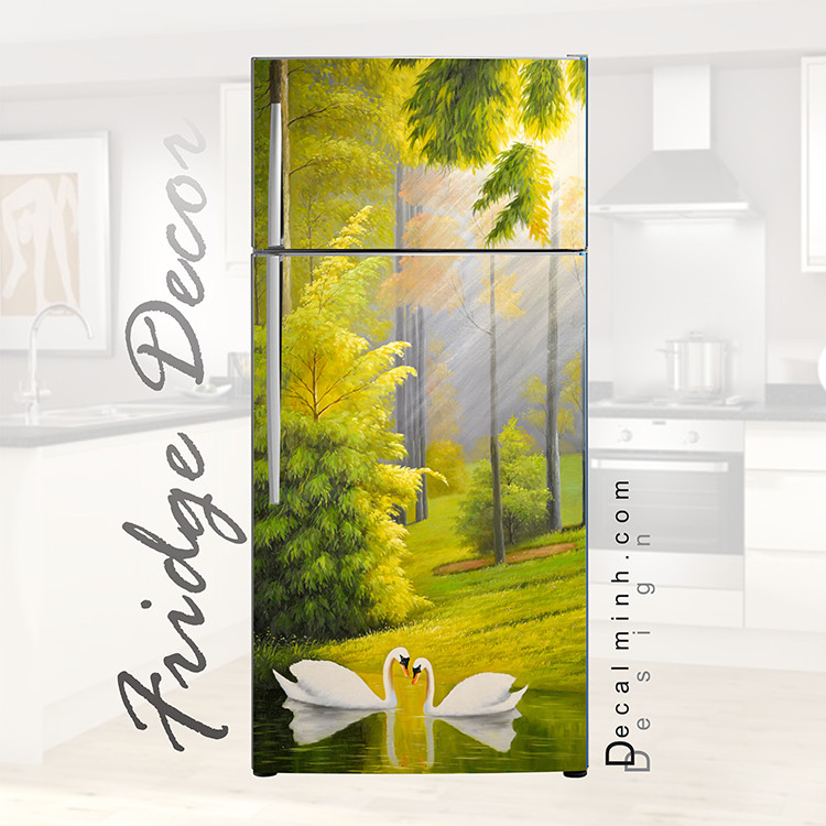 Decal dán tủ lạnh - Giấy dán tủ lạnh - Mẫu tranh sơn dầu thiên nga