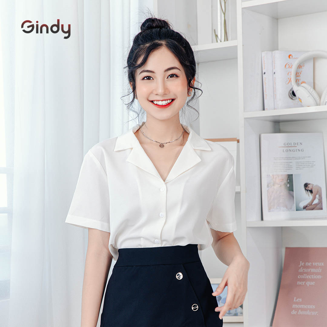 Áo sơ mi nữ trơn GINDY form rộng tay ngắn cổ vest dáng suông nhiều màu sơmi kiểu Hàn Quốc A5145