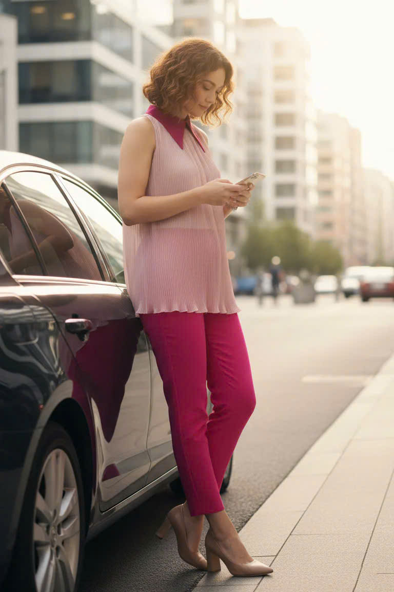 Áo Sơ Mi Vai Yếm Dập Ly, Áo Sát Nách Cổ Sơ Mi Hồng thời trang thiết kế Hity TOP246