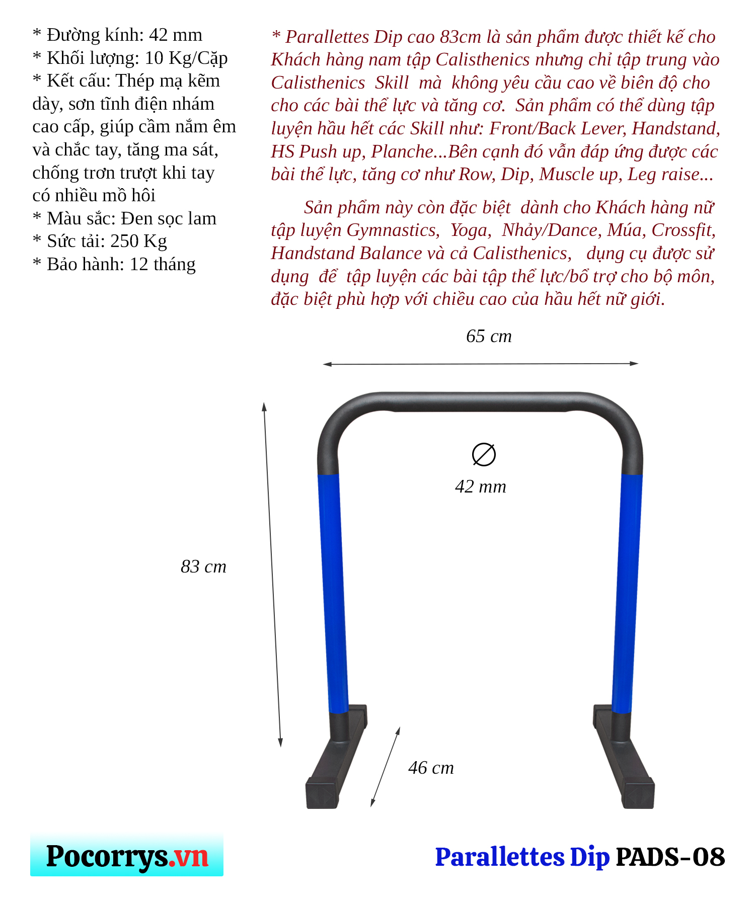 Combo Xà đơn đứng &amp; Xà kép Parallettes Dip cao 83cm