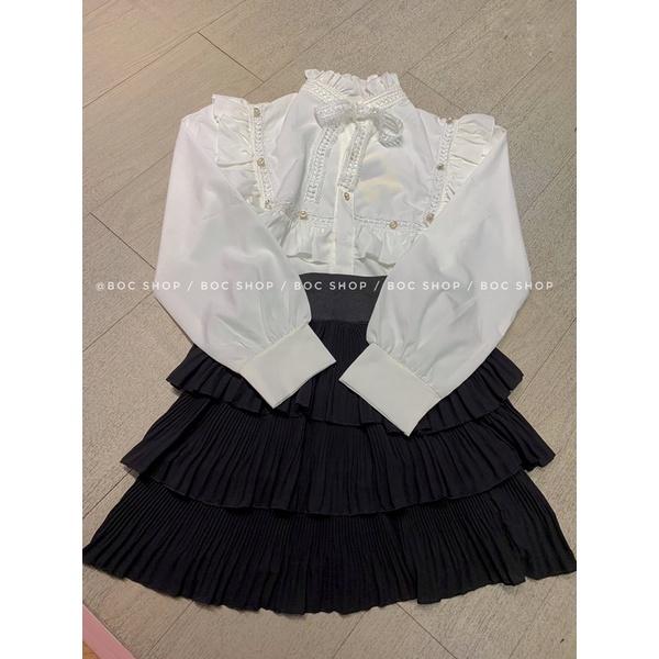 Áo sơ mi nữ kiểu ulzzang tiểu thư cổ nơ tay dài, màu trắng sang chảnh chất vải đẹp