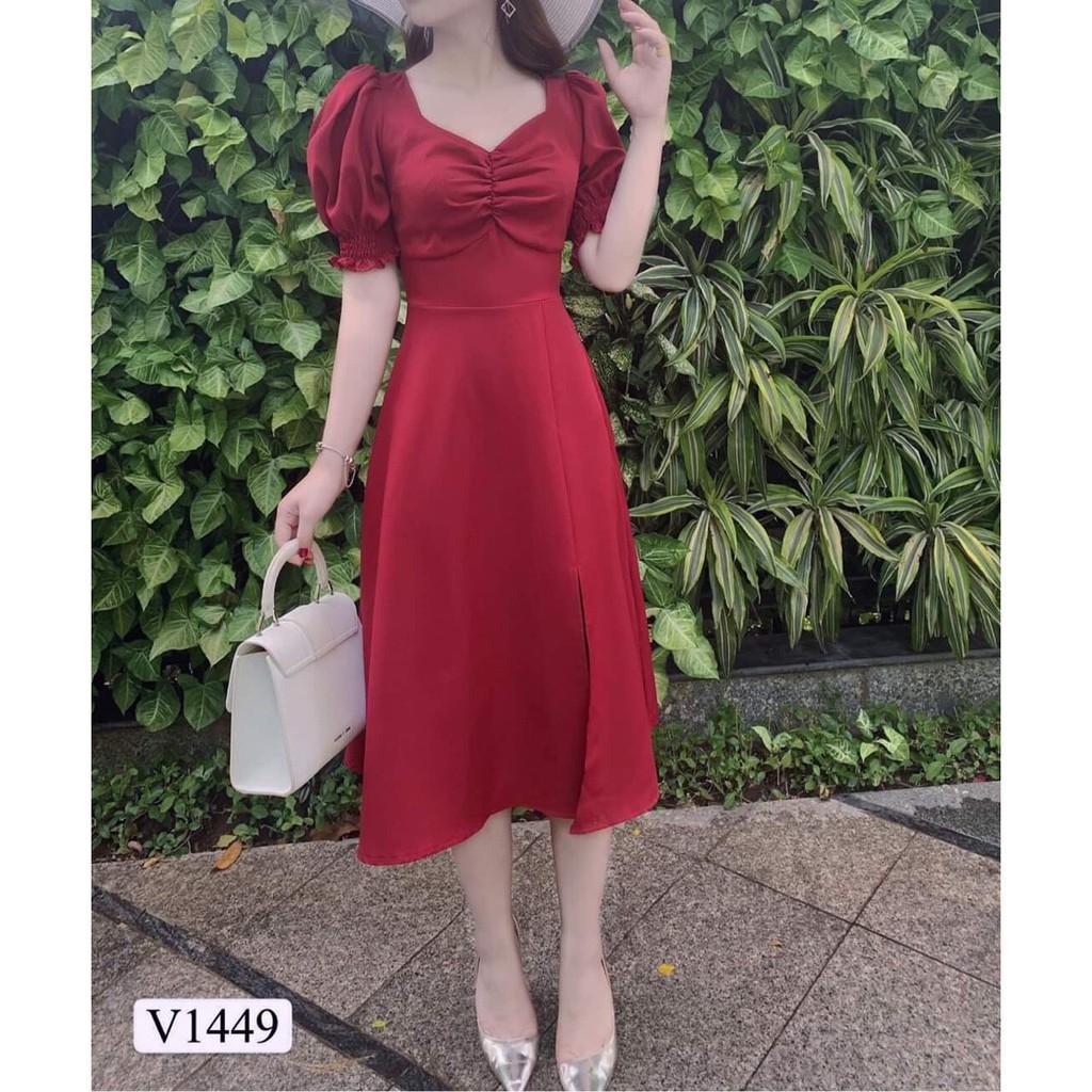 Váy đầm nữ dáng xòe kiểu tay phồng nhún ngực chất umi mềm mịn thoải mái cho người mặc AM