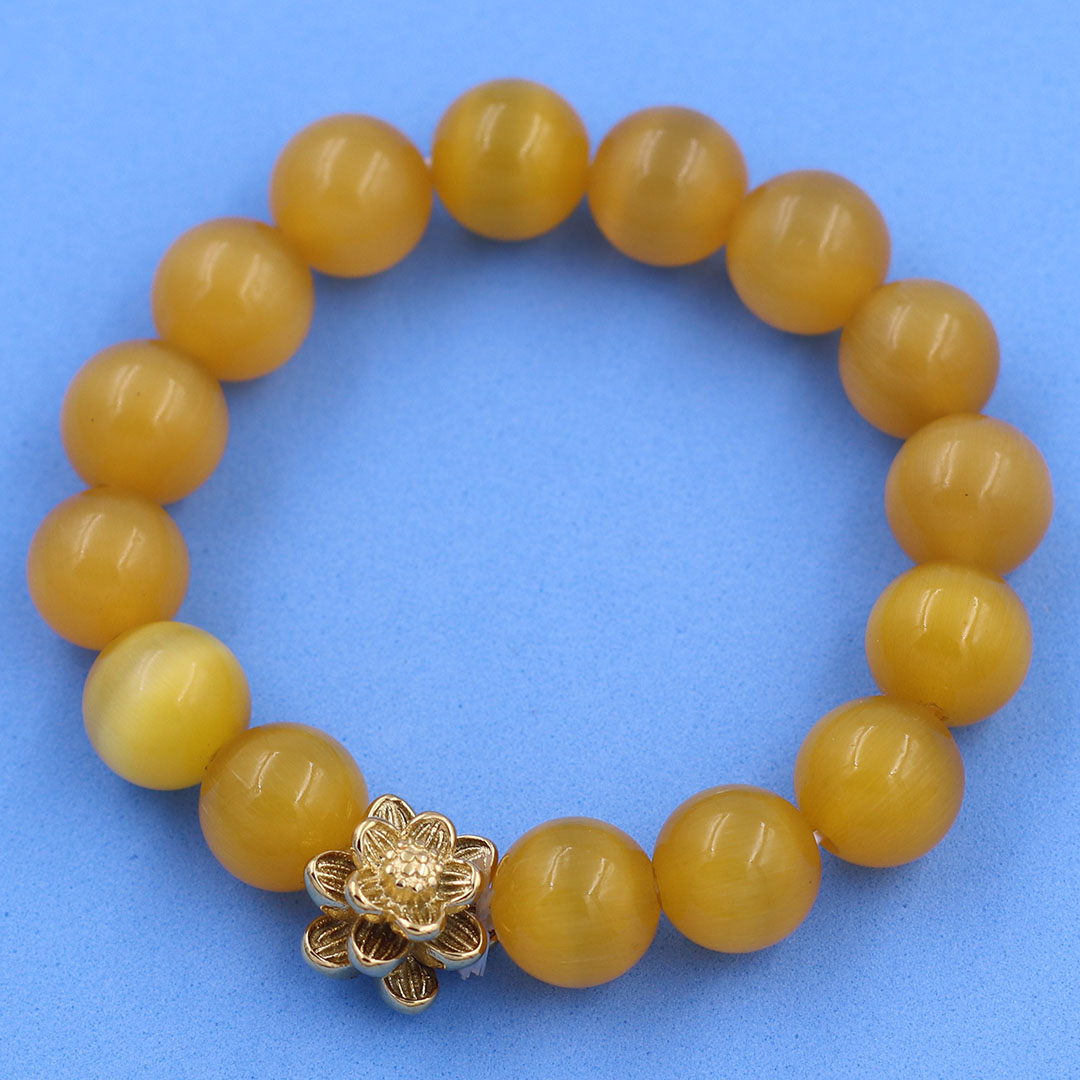 Vòng chuỗi đeo tay đá mắt mèo vàng 12 ly charm hoa sen inox vàng, vòng chuỗi phong thuỷ, bông sen inox, vòng chuỗi hạt, vòng chuỗi tay charm bông sen inox