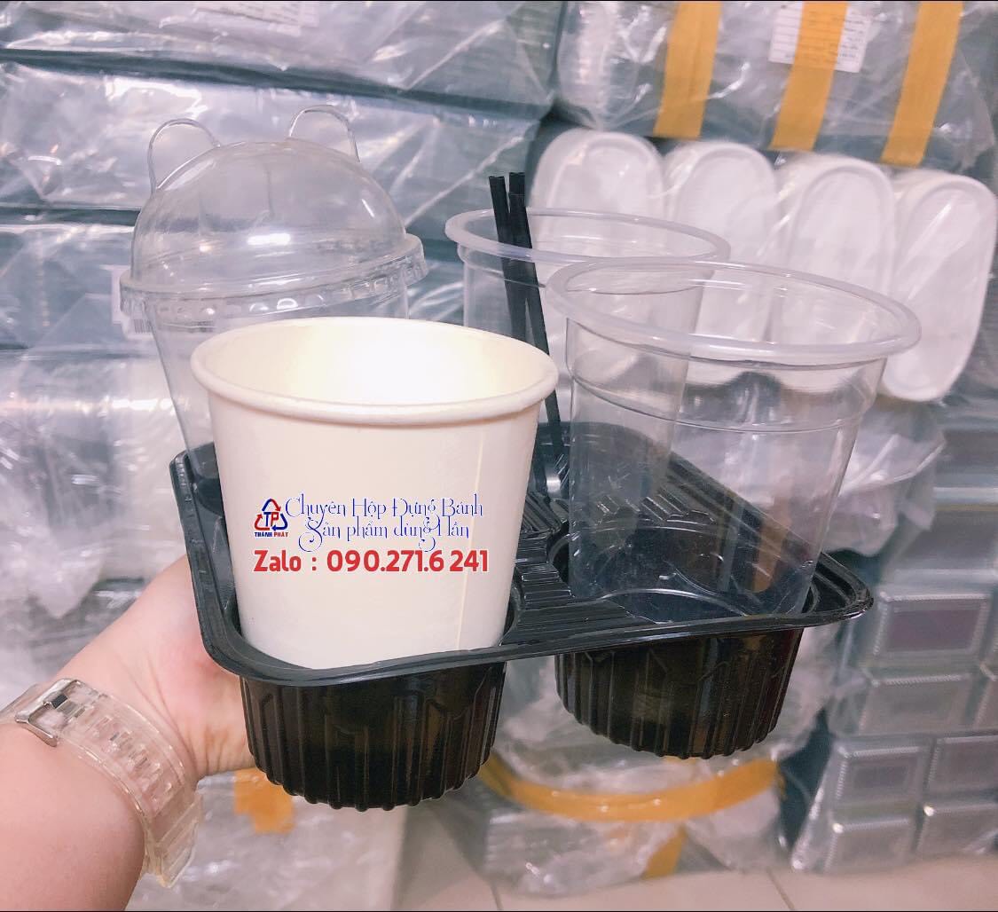 Khay nhựa đựng 4 ly trà sữa  - Khay đựng ly dùng 1 lần - 100 cái