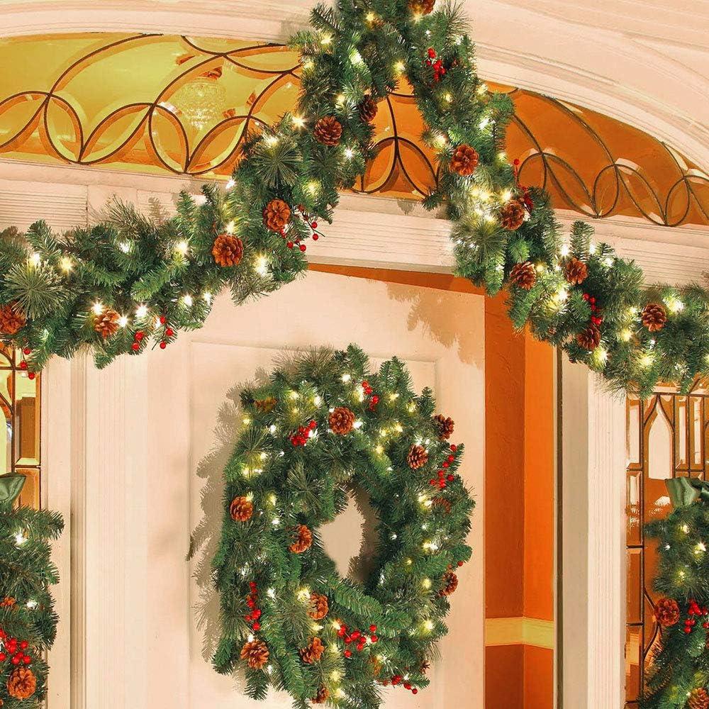 Vòng hoa cây thông Noel nhân tạo 270cm, cây cây màu xanh lá cây với cây thông, trái cây đỏ, trang trí Giáng sinh lý tưởng, cho lò sưởi cửa sổ phòng ngủ (2,7m với 50ed)