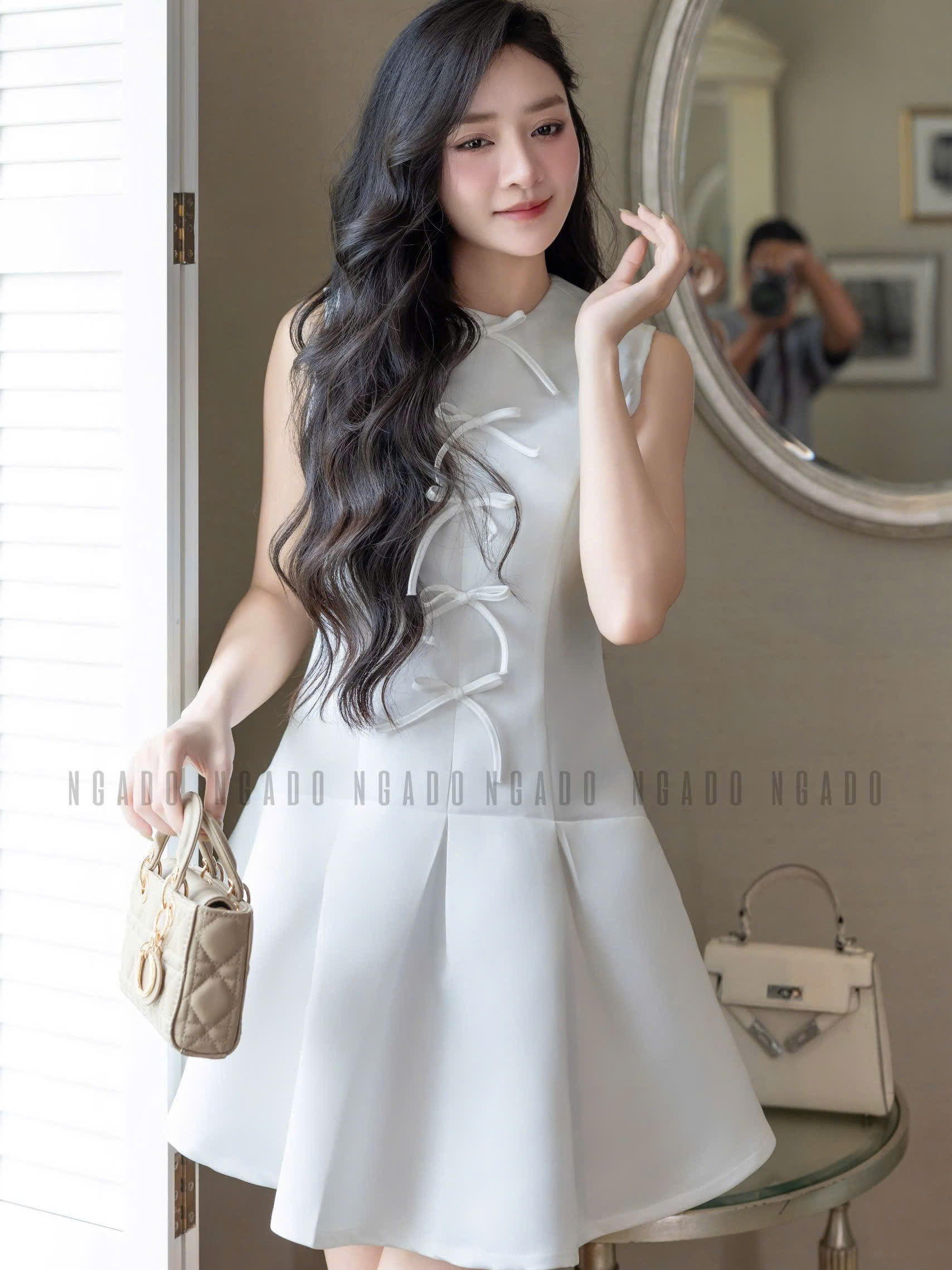Đầm trắng sát nách đính nơ NGADO , đầm kiểu Nữ , đầm dự tiệc