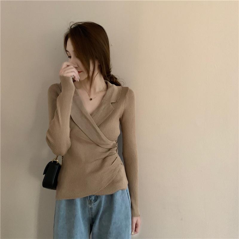 Áo len dệt kim cổ chữ V tay dài mỏng phong cách Hàn Quốc 173114