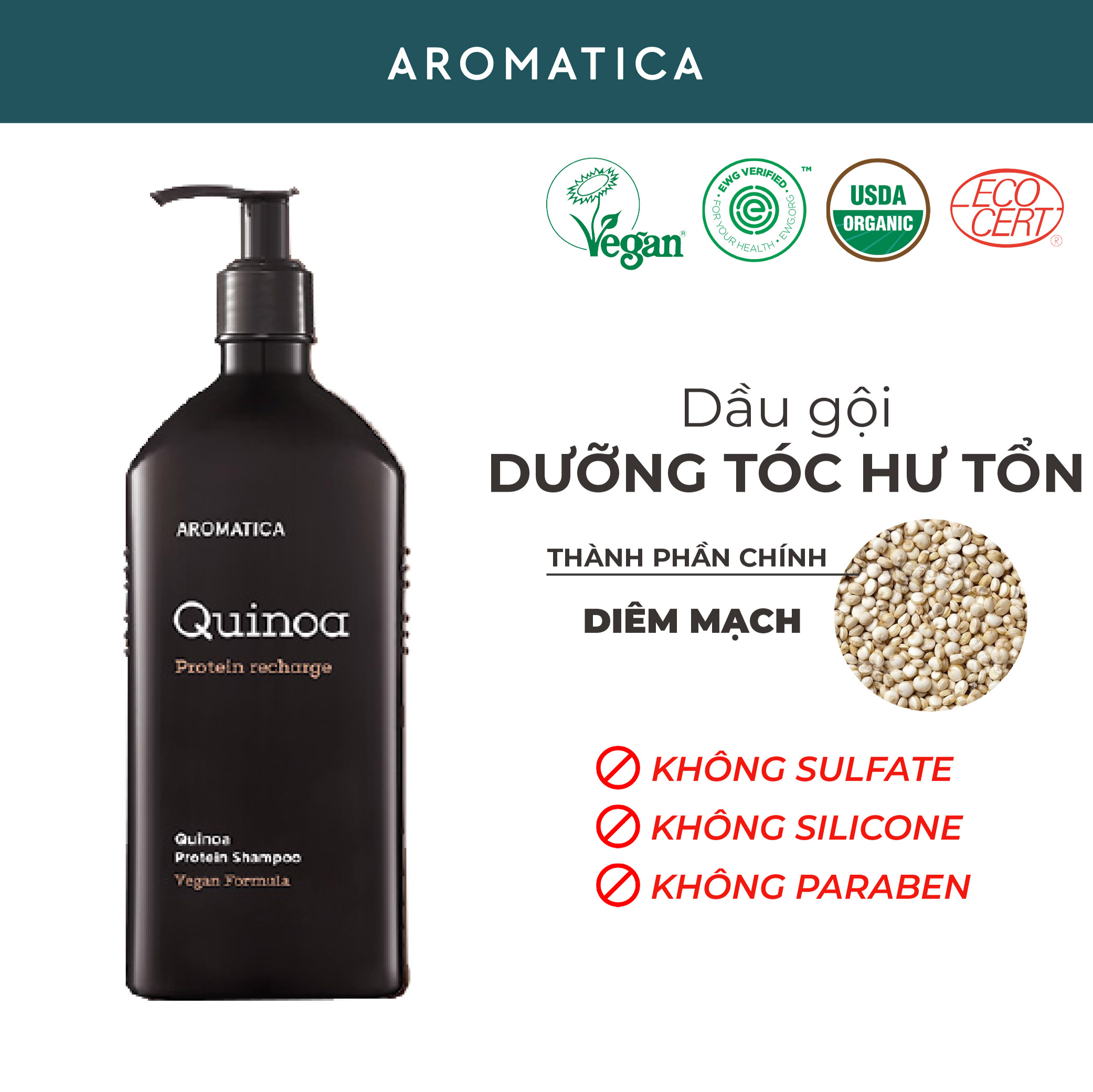 Dầu Gội Dưỡng Tóc Hư Tổn Chiết Xuất Diêm mạch Aromatica Quinoa Protein Shampoo 400ml