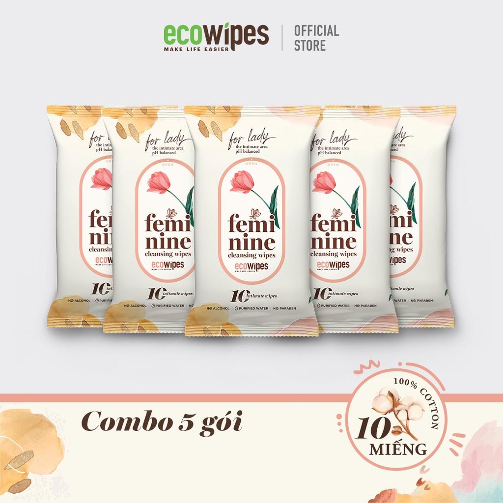 Combo 05 gói khăn giấy ướt phụ khoa Ecowipes gói 10 tờ vệ sinh cá nhân phụ nữ hương Daisy size 15x20cm nhỏ gọn