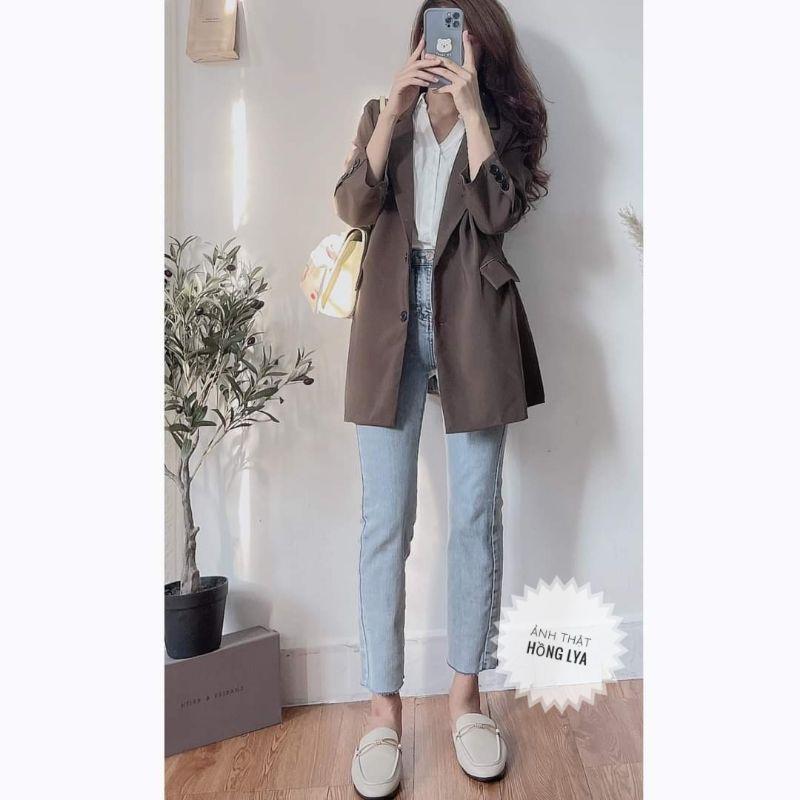 Áo Blazer be và nâu 2 lớp phong cách ullzzang freesize Áo vest nữ