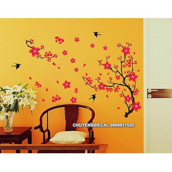 Decal dán Tết - Cành Đào Đỏ chào Xuân
