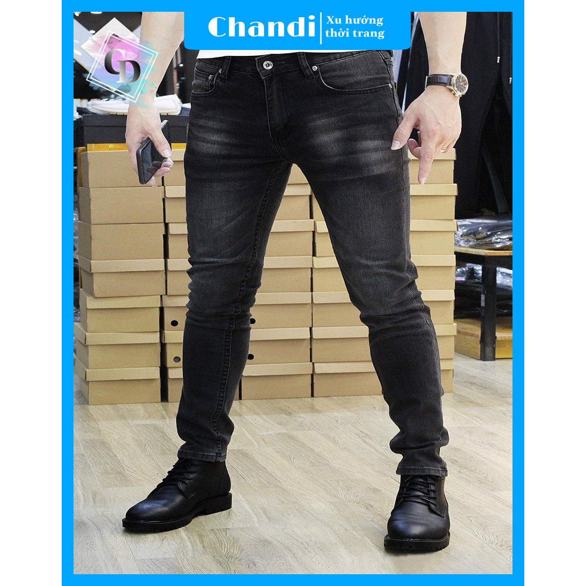 Quần Bò Nam cao cấp thương hiệu Chandi, chất jean co dãn mẫu mới mã HD54