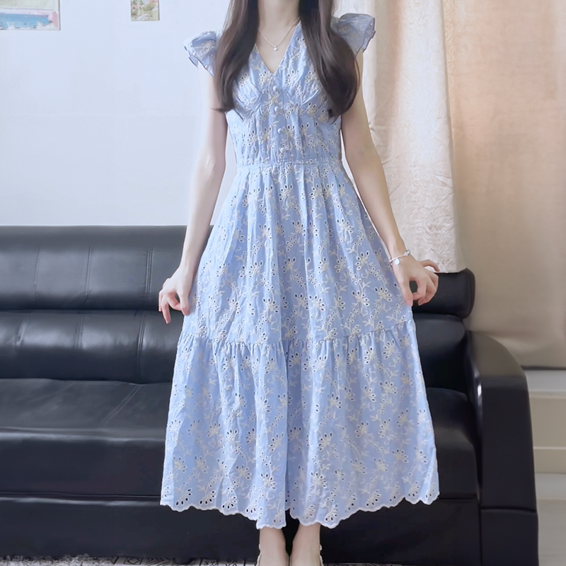 DIYIWEI Phong cách Pháp ngọt ngào khí chất màu xanh cam cuống váy nữ sinh mùa hè thu eo lộ vẻ gầy trung dài mảnh hoa váy